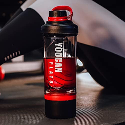 21oz Protein Shaker Bottle with Powder Storage Container-Shaker Cups for Protein Shakes-pre workout bottle-Mixer Cup-Gym Sport Water Bottle -Made with Tritan BPA Free,with Wire Whisk Balls,Red