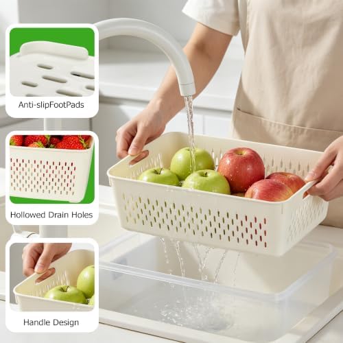 5 Pack Fruit Storage Containers for Fridge, Stackable Leakproof Food Keeper with Removable Colander, BPA-Free Produce Saver for Vegetables, Berries & Meat
