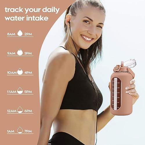 74 oz Glass Water Bolttles with Straw Large Motivational Water Bottle with Time Marker Sports Water Bottles with Silicone Sleeve and Handle Lid 2.2L Water Jug for Gym Workout
