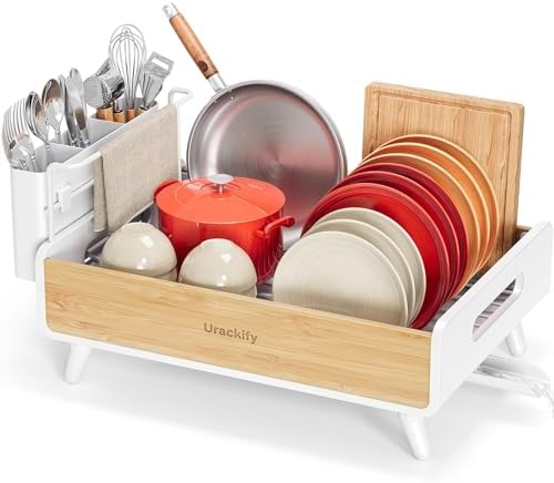 Bamboo Dish Drying Rack for Kitchen Counter, Stainless Steel,White