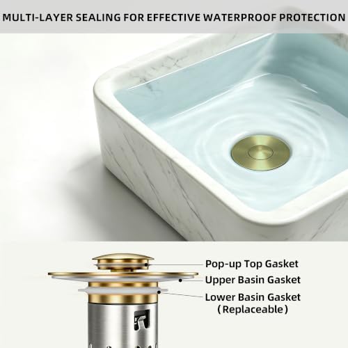 Bathroom Sink Stopper 3 in 1 Bathroom Sink Drain Strainer Universal Pop Up Sink Stopper with Removable Hair Catcher Anti-Clog Filter Basket Brass & Stainless Steel Brushed Gold 1 PC