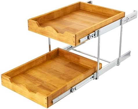 2 Tier Pull Out Cabinet Organizer (11" W x 21" D) Double Tier Slide Out Wood Drawer Under Cabinet Storage And Organization