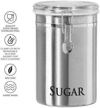 Oggi Stainless Steel Sugar Canister 62 fl oz - Airtight Clamp Lid, Clear See-Thru Top - Ideal Sugar Container for Countertop, Sugar Jar, Bulk Sugar Storage. Large Size 5" x 7.5".