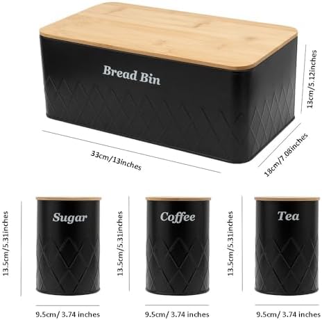 Black Metal Bread Box with Cutting Board,3 Canisters for Kitchen