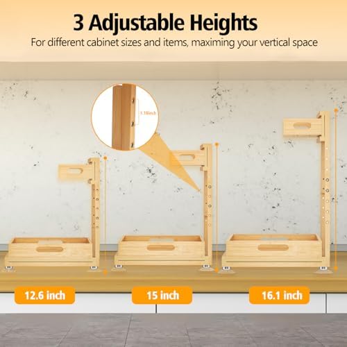 Under Sink Organizer, Pull Out Cabinet Organizer, 2 Tier Slide Out Sink Shelf Cabinet Storage Shelves, Storage for Kitchen Bathroom, Natural Premium Bamboo Wood