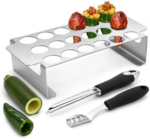 18-Hole Jalapeno Pepper Grill Rack with Corer Set – Stainless Steel Roasting Tray for Oven & BBQ, Includes 2-Piece Pepper & Zucchini Corer Tool, Dishwasher Safe