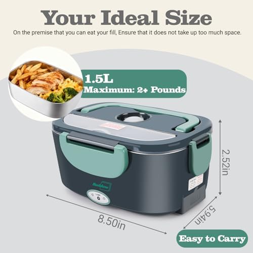 Electric Heated Lunch Box, 100W Fast Heating, 1.5L Food-Grade 304 Stainless Steel, 12V/24V/110V Portable Food Warmer for Car Truck Office Adults, Lonchera Electrica Portatil (Green)