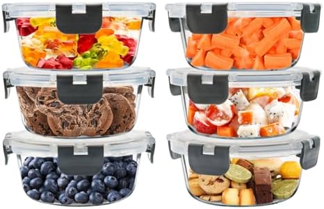 6 Pack 13 oz Small Round Glass Meal Prep Containers with Airtight Lids