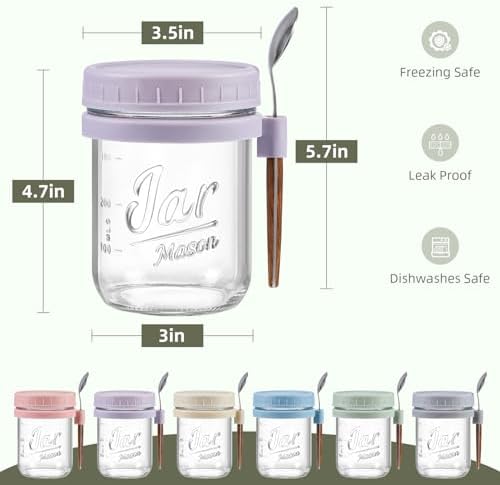 6 Pack Overnight Oats Containers with Lids and Spoons, 16 oz Glass Mason Overnight Oats Jars, Large Capacity Airtight Jars for Milk, Cereal, Fruit