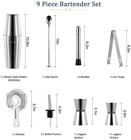 9-Piece Cocktail Shaker Set – 800ml Boston Shaker Dual Jiggers Muddler Bar Spoon Strainer Tongs & Pourers – Gift Box for Home Entertaining