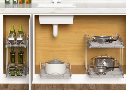 Pull Out Cabinet Organizer 2 Pack (15" W x 21" D), Pull out Shelves 1 Tier, Cabinet Slide Out Shelves for Base Cabinet Organization in Kitchen Bathroom Pantry, Bottom Mount, Chrome Finish