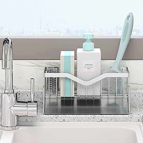 Kitchen Sink Caddy Sponge Holder, Quick Draining, SUS 304 Stainless Steel Sponge Organizer, Basket for Cleaning and Scrub Tool, Kitchen Sink Brush Caddy Holder