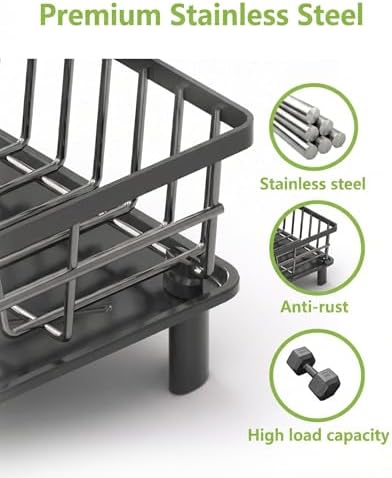 Dish Drying Rack for Kitchen Counter,Stainless Steel Drainers Rack with Detachable Cutlery Holder,Automatic Drainage System,Anti-Rust Dish Strainer Ideal for Families and Home