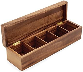Large 5 Compartment Tea Box, Acacia Wood Tea Bag Organizer With Lid