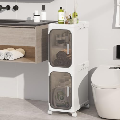 2 Tier Slim Bathroom Storage Cabinet, Foldable and Movable, White