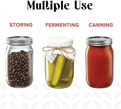 [6 Pack] 16 oz. Regular-Mouth Glass Mason Jars with Metal Airtight Lids and Bands for 1 Pint Canning, Preserving, & Meal Prep
