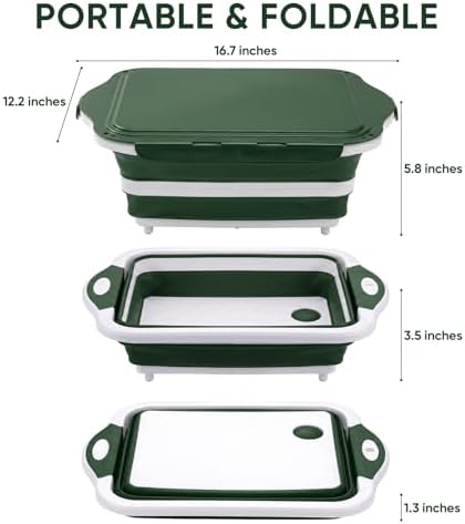 Collapsible BBQ Prep Tub with Lid, Foldable Camping Sink with Colander, Cutting Board, Dish Basin for Kitchen, Bowl, Vegetable and Fruit, Storage Basket for Picnic-Green
