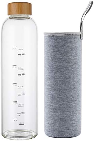 32 oz Glass Water Bottle with Time Marker Bamboo Lid Neoprene Sleeve for to Go Travel Gym Home Reusable Eco Friendly Bpa Free (Gray)