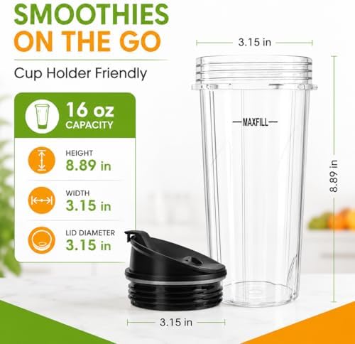 16 oz Ninja Blender Cups Replacement, 3 Pack Cups with Lids, Compatible with QB3001SS, BL660, BL770, BL780, BL740, BL810, 4-Tab Nutri Ninja Blender Cups - Image 5