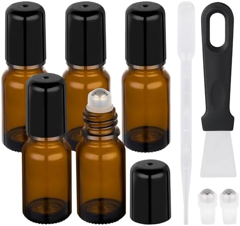 Segbeauty 0.34oz Glass Roller Bottles for Essential Oils, 5pcs Amber Refillable Roll On Bottles, 10ml Empty Rollerball Bottle for Oil, Small Travel Size Containers for Perfume Cosmetics Liquids by Segbeauty