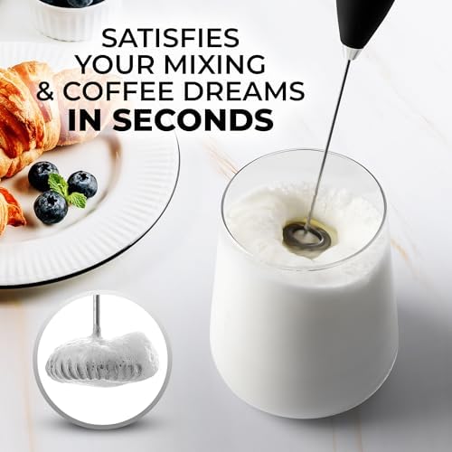 Zulay Premium Gift Milk Frother Set – Handheld Coffee Frother with Stand, 12oz/350ml Frothing Pitcher + 4 Latte Art Stencils – 13,000 RPM Motor, SS Whisk, Battery Operated – Barista Kit (OG Black)