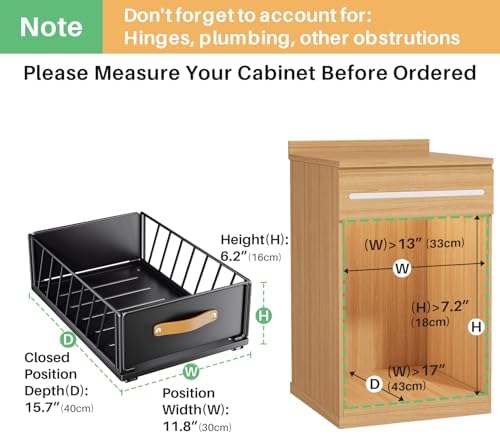 Pull out Cabinet Organizer,Heavy Duty Slide out Pantry Shelves Drawer Storage with Adhesive Nano Film,Sliding Mesh Cabinet Basket with Handle for Kitchen, Bathroom, Home, 11.8"W X 15.7"D X6.2"H,Black