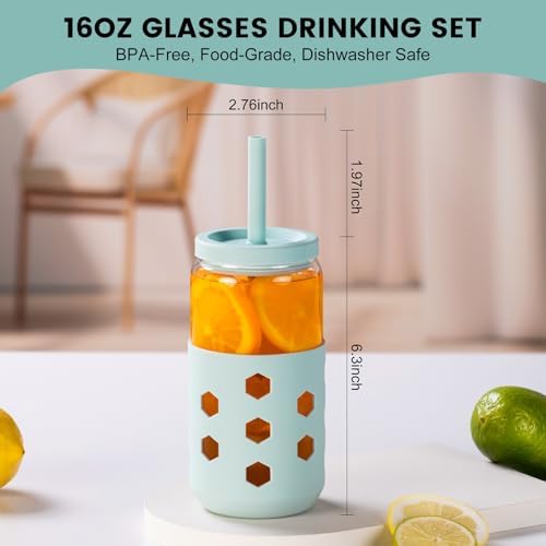16 oz Glass Cups with Lids and Straws for Gift, 4-Pack, Grey