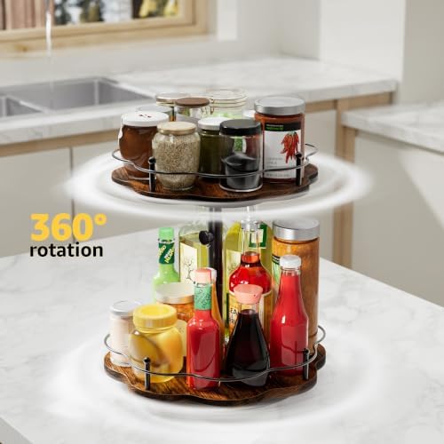 2 Tier Lazy Susan Organizer Wooden Spice Turntable Holder for Cabinet,Table