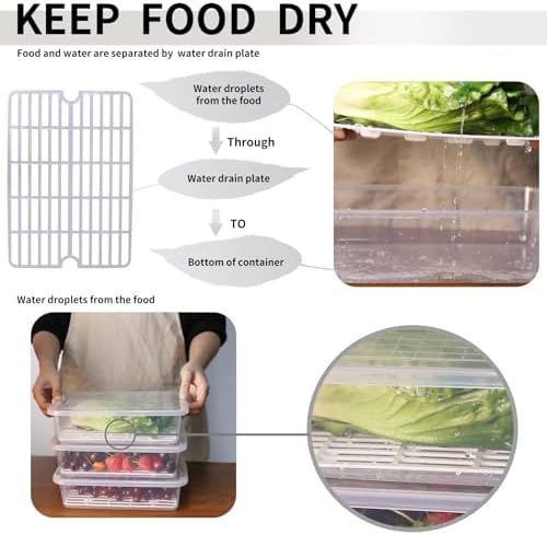 Fruit Storage Containers for Fridge, Rectangle Plastic Food Storage Containers with Lids, 3-Pack Deli Meat Container with Removable Drain Plate, Stackable Produce Keeper in Seafood & Berries