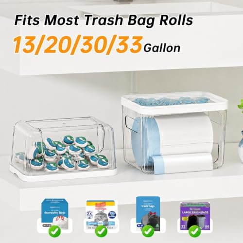 Trash Bag and Laundry pods Dispenser, 3-in-1 Clear Under Sink Organizer, Dishwasher Pod Storage Container, Stackable Kitchen Cabinet Storage Box Fits 13/30/33 Gallon Garbage Bags