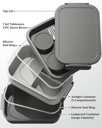 Adults Bento Box with Thermo Bag, 74oz Capacity 3 Stackable, Gray