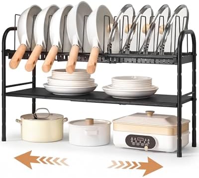 Pots and Pans Organizer Under Cabinet, 2-Tier Expandable Pot Rack