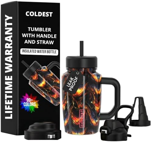 Coldest Tumbler with Handle & Coffee Lid - 100% Spill Proof Tumbler (3 Lids) - Stainless Steel Insulated Leakproof Tumblers for Women & Men - Cup Holder Friendly - 15 oz (Dark Fire) by Coldest