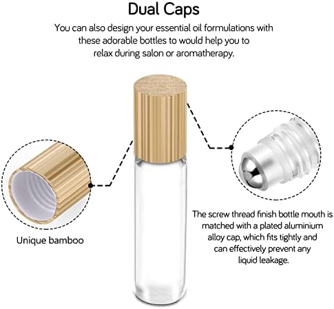 Essential Oil Roller Bottles 10ml ( Clear Glass Bottle with Bamboo Lid, 12 Pack, 2 Extra Stainless Steel Balls, 24 Labels, 1 Opener, 1 Funnel, 2 Droppers ) Roller Balls for Oils, Roller on Bottles - Image 2