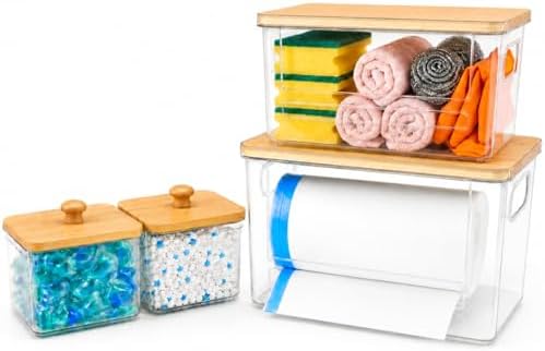 4 PACK Stackable Trash Bag Dispenser Organizer, Multi-Purpose Under Sink Garbage Bag Storage Holder for Kitchen Cabinet Pantry Laundry Room Grocery Plastic Bag Container Organizer
