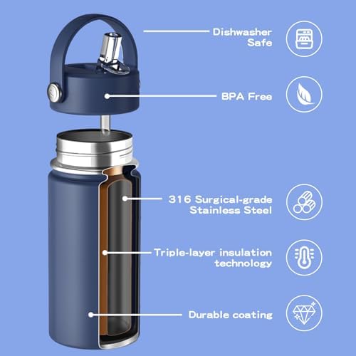 Kids Water Bottle with Straw Lid 14oz, Vacuum Insulated 316 Stainless Steel Water Bottles for Kids for School, Leakproof Water Bottle, BPA Free and Keep Cold for 24 Hours