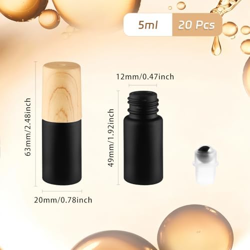 20 Pack 5ml Black Frosted Glass Roller Bottles with Wood Grain Caps Roll-On Containers for Aromatherapy and Perfume - Image 2