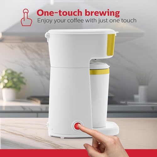 Holstein Housewares Personal Coffee Maker with 14oz Travel Mug – Compact One-Touch Brew Machine with Reusable Filter, Auto Shut-Off, Non-Stick Plate, Ideal for Home, Office, or Dorm. White & Gold - Image 5