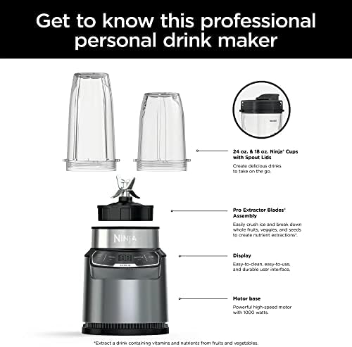 Ninja BN400 Nutri Pro Compact Personal Blender, Auto-iQ Technology, 1000-Watts, for Frozen Drinks, Smoothies, Sauces & More, with 18-oz. & 24-oz. To-Go Cups & Spout Lids, Stone Silver (Renewed) - Image 5