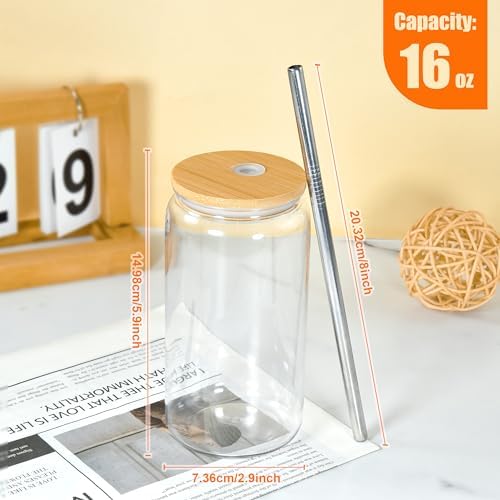 16oz Acrylic Mason Jar Cups, Clear Cups with Bamboo Lids and Straws, Iced Coffee Cup Drinking Glass Tumbler for Whiskey, Soda, Tea, Juice, Gift, 6pcs