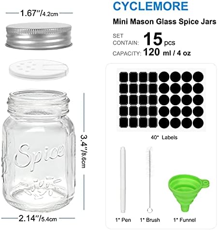 15 Pack 4oz Glass Spice Jars with Metal Caps and Shaker Lids