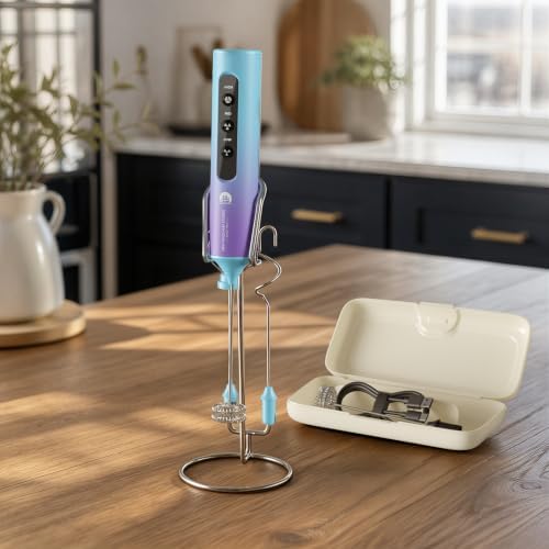 Rechargeable Milk Frother with Stand, 4 Interchangeable Whisks & Travel Case – Handheld Mixer for Lattes, Matcha, Hot Chocolate, Eggs & Protein Shakes by NewEnglandStories