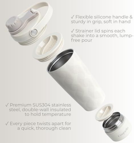 Elanelle 20oz Insulated Stainless Steel Shaker Bottle with Storage Base, Strainer Lid Protein Shaker Cup for Gym, Ball-Free Quiet Mixing, Carry Handle, BPA-Free, Gray (Gray Wave) - Image 2
