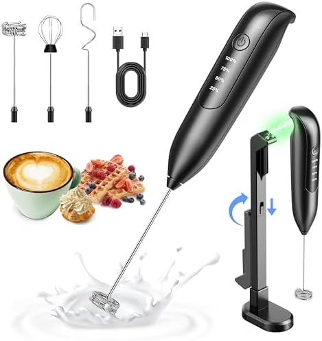 Milk Frother Handheld: LED & Wireless Charge, 3 Heads 3 Speeds by yidianideals