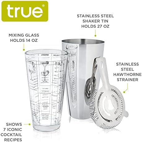 3-Piece Barware Set for Mixed Drinks and Cold Brew Cocktails, Includes Cocktail Shaker Tin, Cocktail Mixing Glass with 7 Printed Recipes, and Hawthorne Strainer, Home Bar Tools, Bartender Gifts