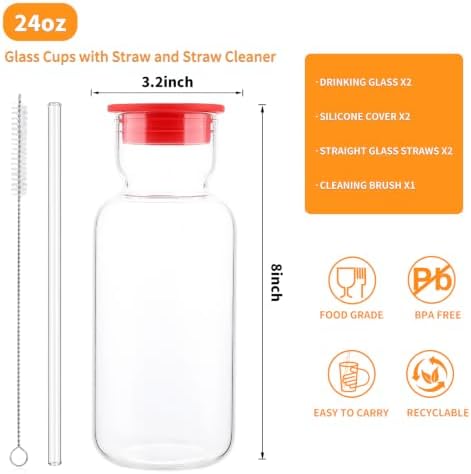 2 Pack 24oz Glass Cups with Lids and Straws, Large Iced Coffee Cups with Silicone Lids, Clear Glass Tumblers with Glass Straws for Coffee, Tea, Smoothies and Cold Drinks