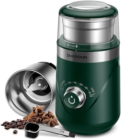 SHARDOR Electric Super Silent Blade Coffee Grinder, Timed Grind Control Rotary Knob, Adjustable Coarse to Fine for Coffee Beans, Spices & Herbs, with 1 Removable Stainless Steel Bowl, Green by Shardor