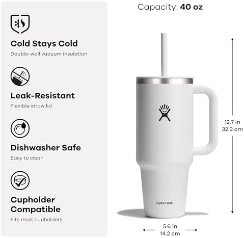 Hydro Flask Travel Tumbler with Handle, Lid and Straw - Insulated Stainless Steel in 40 Oz Agave