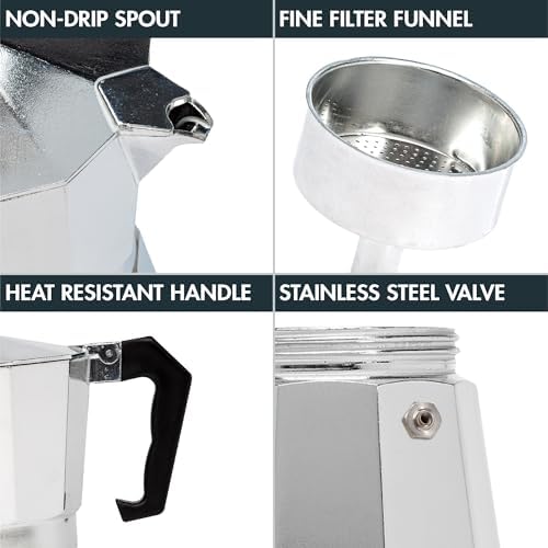 Classic Stovetop Espresso and Coffee Maker, Moka Pot for Italian and Cuban Café Brewing, Greca Coffee Maker, Cafeteras, 6 Espresso Cups, Silver