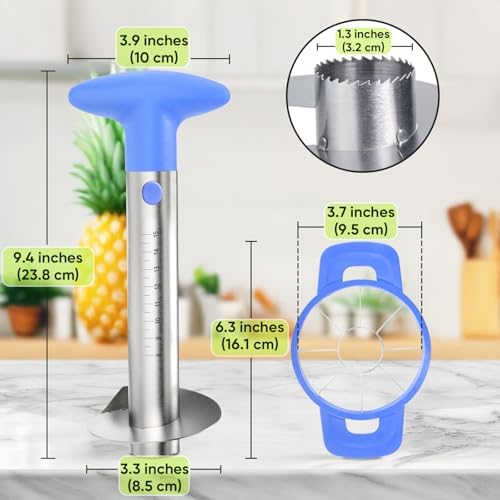 Pineapple Corer Cutter, Stainless Steel Fruit Pineapple Peeler Slicer [Upgraded, Reinforced, Thicker Blade], Pineapple Core Remover with Measure Mark, for Diced Pineapple Ring (Blue)